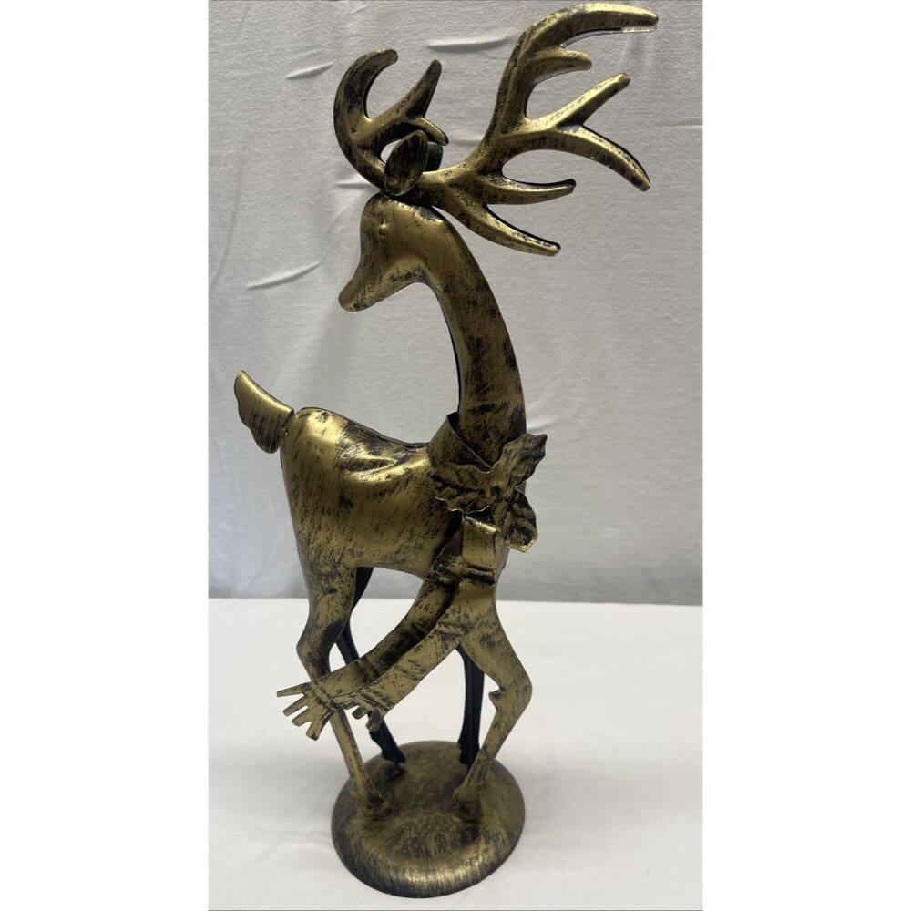 Christmas Metal Reindeer Figurine Standup Decor Brass Look Tabletop Holidays